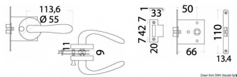 Osculati 38.409.72 - Врезной антивибрационный замок двусторонний (правый/левый) с кнопкой блокировки изнутри и отверстием для аварийного разблокирования снаружи, 66x60x9 мм 