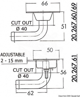 Osculati 20.267.61 - Плоская вентиляционная головка топливного бака из нержавеющей стали с патрубком под 90° Ø50 мм, штуцер 16 мм 