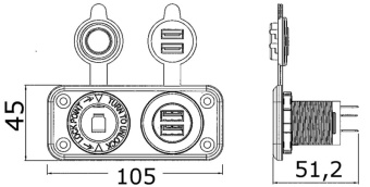 Osculati 14.516.02 - Гнездо прикуривателя + двойной разъем USB 12/24В из чёрного полиамида