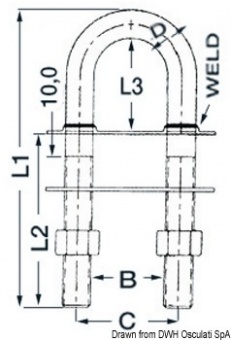 Osculati 39.127.07 - Болт-скоба U-образная De Luxe, с 2 пластинами, с конусными концами 131x46 мм 