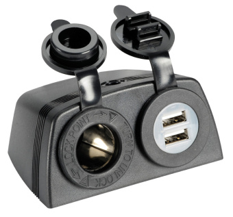 Osculati 14.516.04 - Накладное гнездо прикуривателя + двойной разъём USB 12/24В из чёрного полиамида