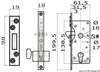 Osculati 38.128.21 - Замок для раздвижных дверей с врезными ручками 16/38 мм, с выступающим запорным элементом 