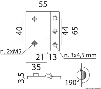 Osculati 38.819.01 - Вкручиваемая петля из хромированной латуни 65x55x3.5 мм 190° (2 шт)