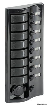 Osculati 14.843.09 - Панель выключателей из графита 8 кулисных переключателя и 1 гнездо питания с прикуривателем 12В 15А 282x115 мм