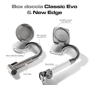 Osculati 15.250.61BU - Палубный душ Classic EVO плоского монтажа с кнопочной лейкой Mizar с нейлоновым шлангом 4 м и белой крышкой (10 шт)